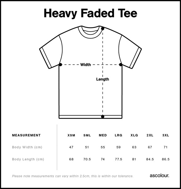 Size chart for NIUE Heavy Faded Camo Tee