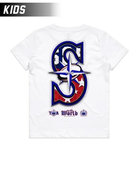 White kids tee with a Samoa S graphic