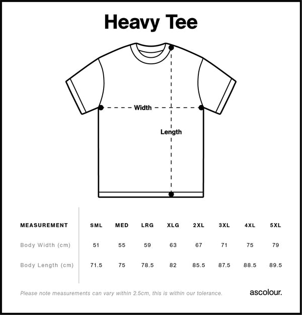 Size chart for TONGA Heavy Tee