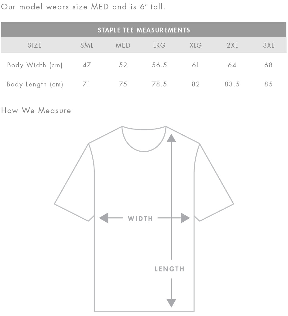 Size chart 1 for AS Colour Staple Tee 5001, Forest Green to Orange